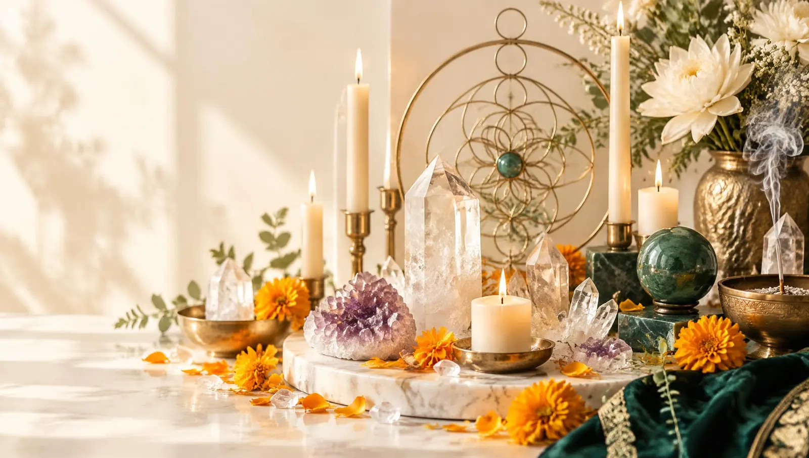 Candles, quartz crystals and sacred geometry on a bright altar