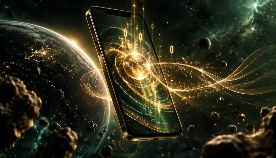 A phone glowing with golden number energy waves in space