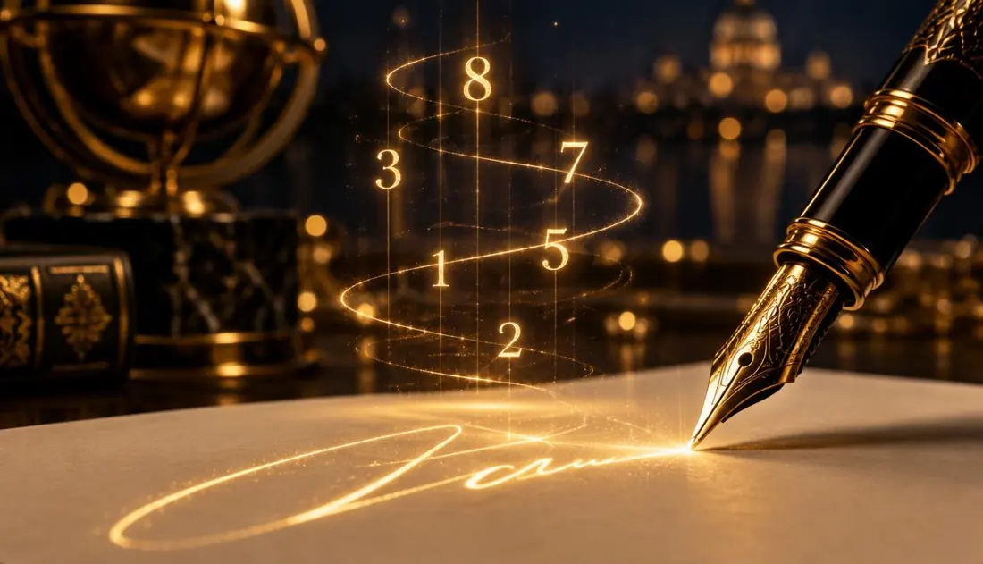 A name being written with golden numerology vibrations rising from it