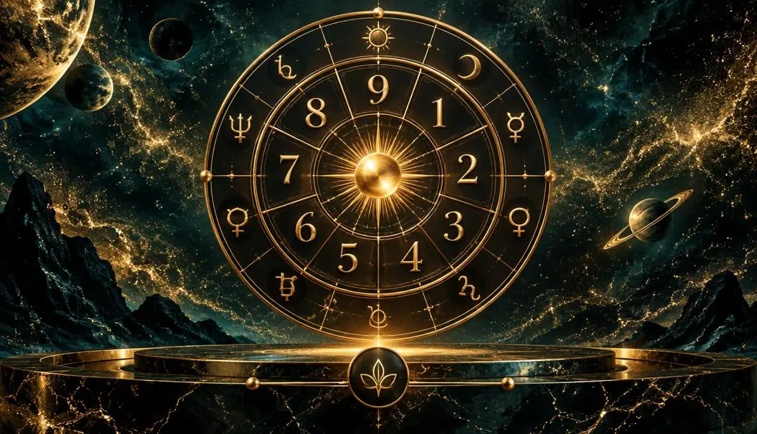 A golden numerology wheel of numbers and planets in a cosmic sky